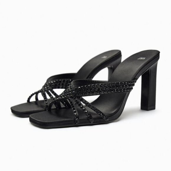ZARA SATIN EFFECT RHINESTONE HEELED SANDALS BLACK SIZE 9 | 1815/110/800 - Picture 1 of 12